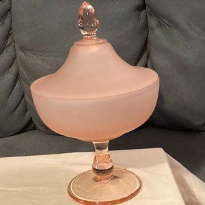 VTG 1970's Westmoreland Pale Pink Satin & Clear Glass Candy Jar &Lid (2 pcs)-EUC